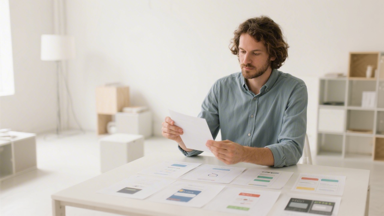 Editorial style portrait of a French UX practitioner reviewing interface mockups in a bright studio with modular furniture and neutral color palette