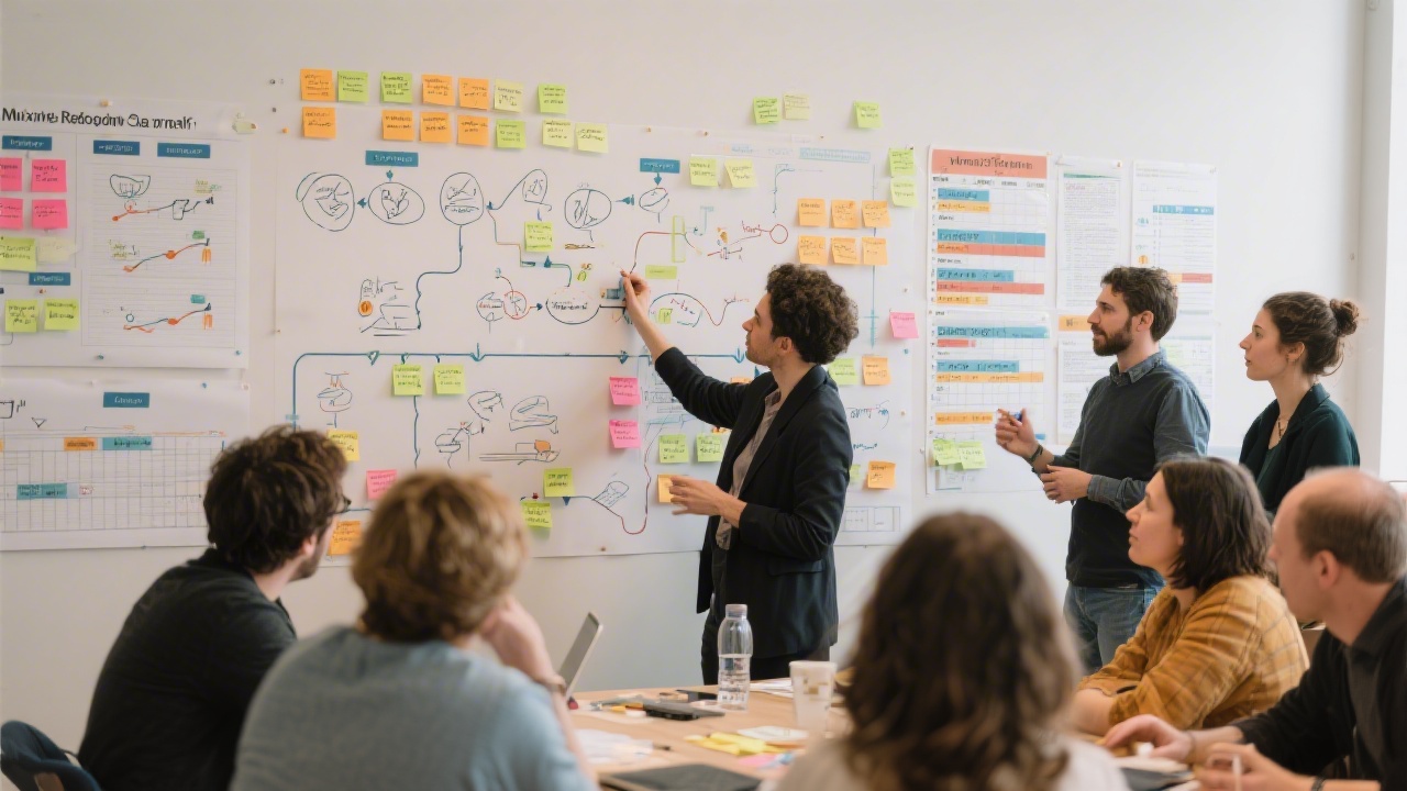Photograph of a collaborative UX workshop with stakeholders mapping user journeys on a wall filled with sticky notes, diagrams, and prioritisation matrices