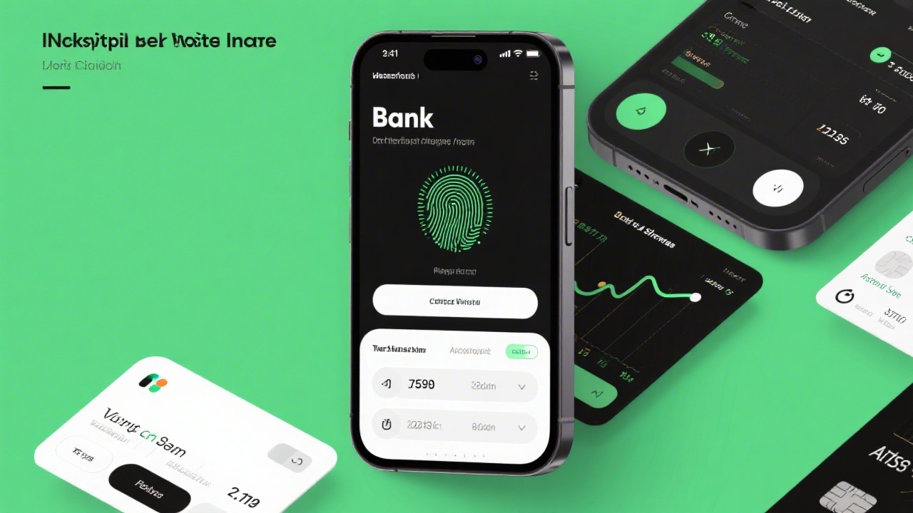 Concept illustration of a mobile banking interface with high contrast components, biometric login, transaction timeline, and accessible card management controls following inclusive design standards