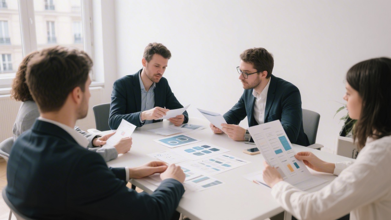Professional meeting scene with UX specialists reviewing project briefs and interface mockups in a bright Parisian office setting