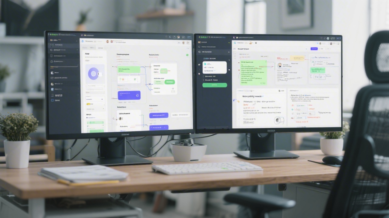 Modern workspace with dual monitors displaying annotated UI specifications, component documentation, and developer handoff notes prepared for a product launch