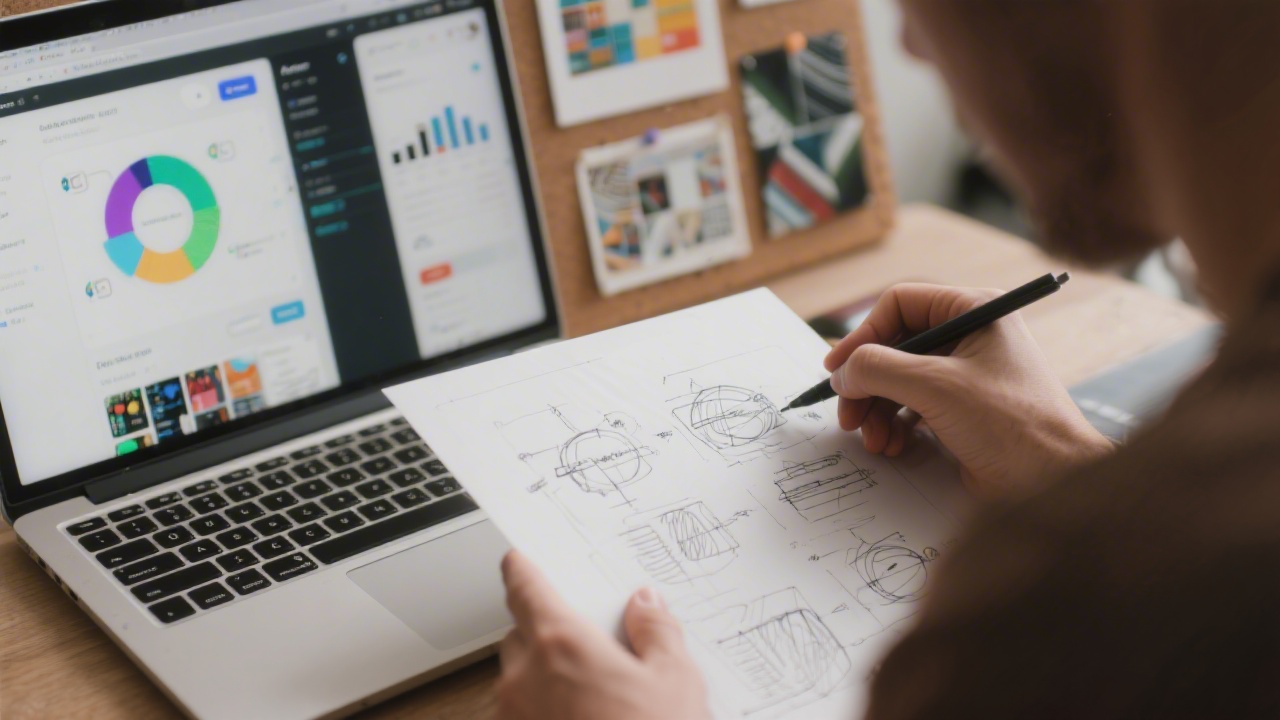 Close up photograph of a designer sketching wireframes on paper alongside a laptop displaying collaborative design tools and a moodboard